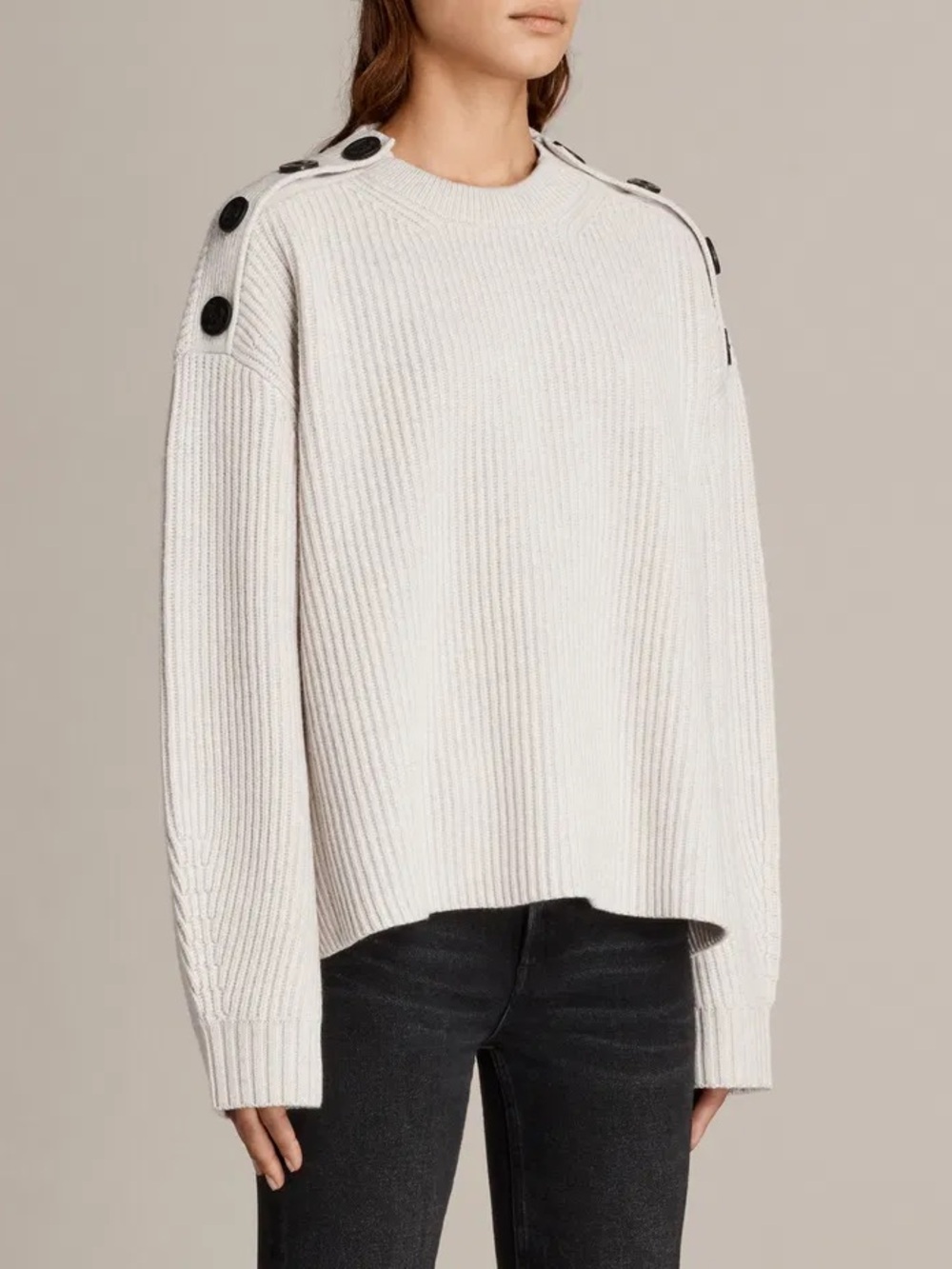 AllSaints Faye Crewneck Ribbed Button sweater size M